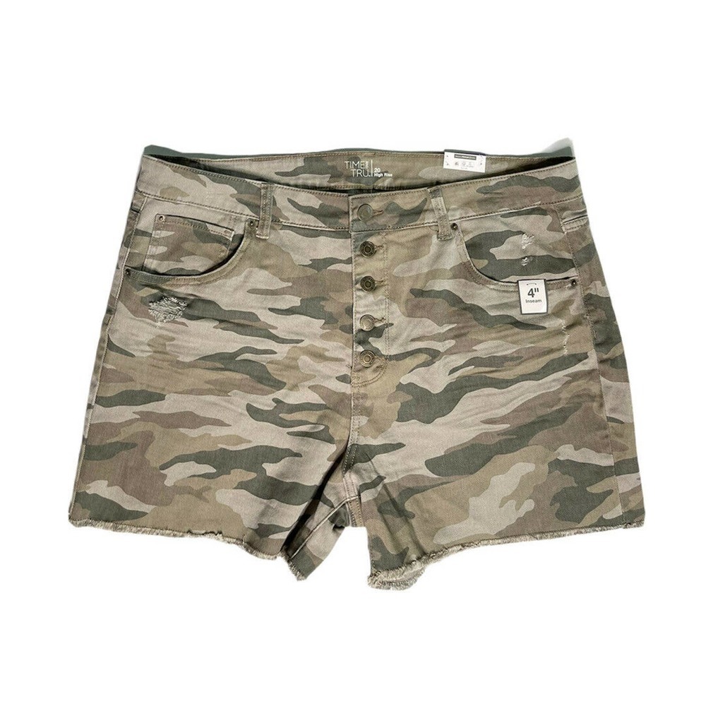 NEW Womens Time &‎ Tru High Rise Camo Print Relaxed Fit Denim Cut Off Shorts 20